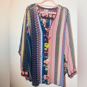 Johnny Was Silk  Multicolor Floral Patchwork Top size XL